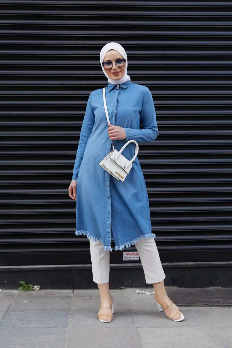 Buttoned Long Jeans Tunic Jeans Tunic Dark Jeans High Quality Abaya headscarf Muslim sets hijab TUNIK