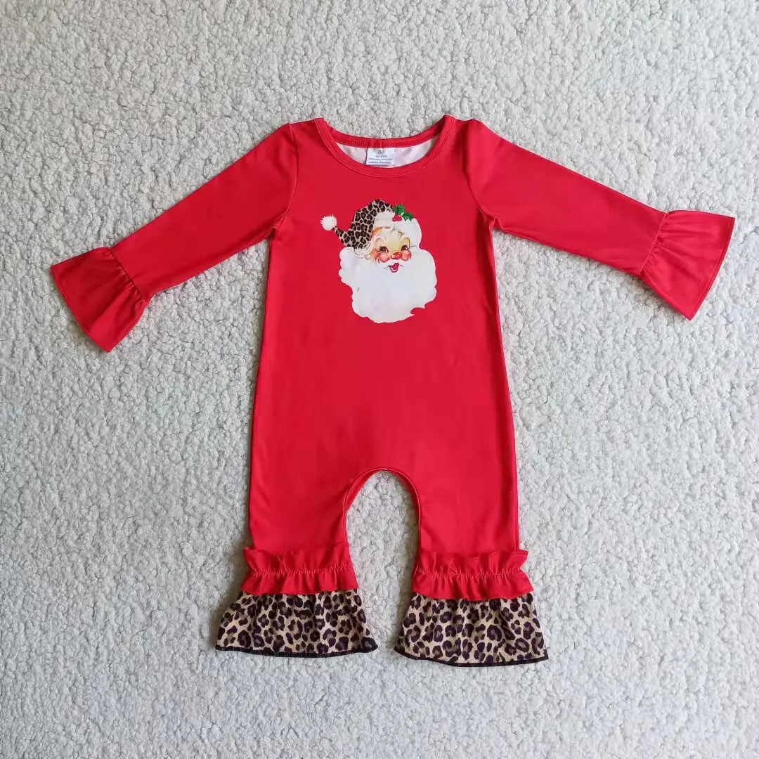 

Christmas baby girl newborn romper leopard print ruffled jumpsuit infant red jumpsuit Santa pattern baby costume