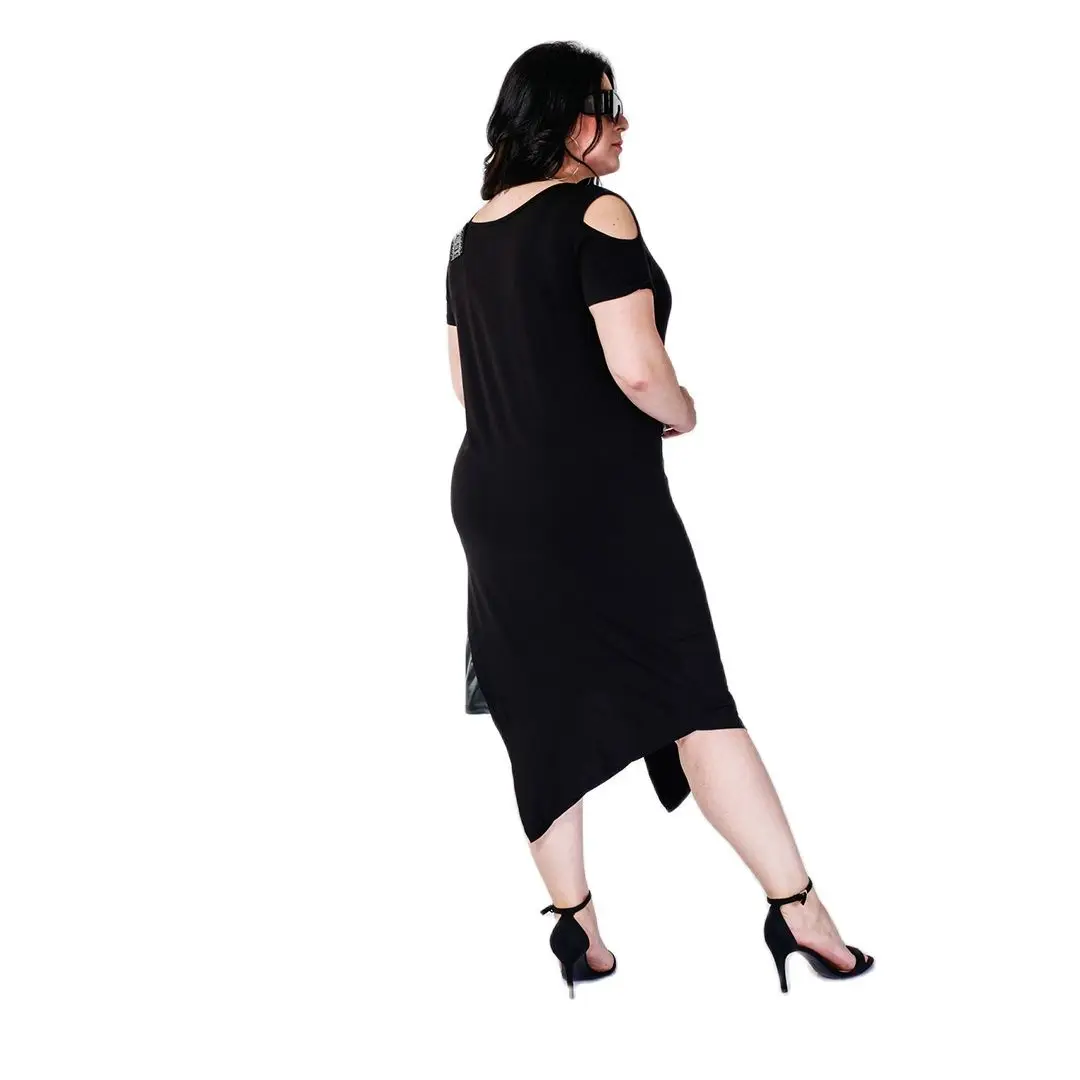 Women’s Plus Size Off Shoulder Diomand Detail Asymmetric Midi Black Dress, Designed and Made in Turkey, New Arrival