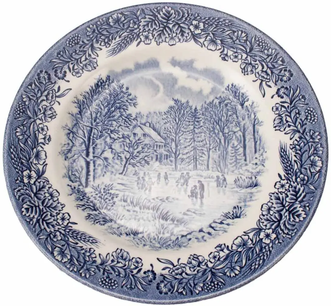 Francohome-12 chewchill dessert dishes decorated with English landscapes | Classic white and blue porcelain 20 cm Ø