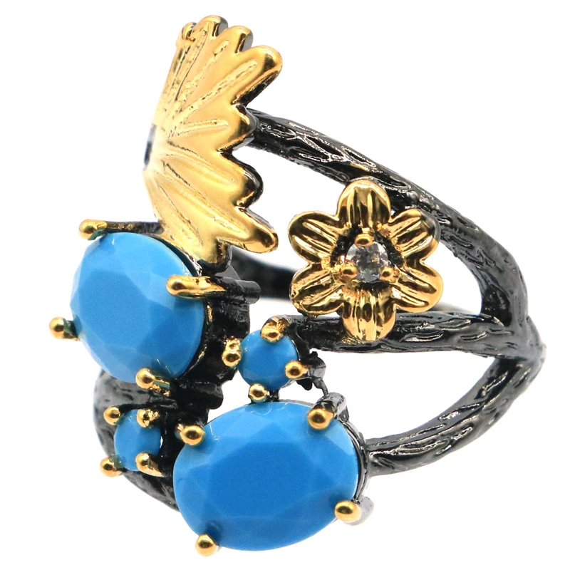Buy 4 Get 1 Free 25x20mm Neo-Gothic 6.2g created Tourmaline Tanzanite Peridot Blue Turquoise Black Gold Silver plated Rings view 6