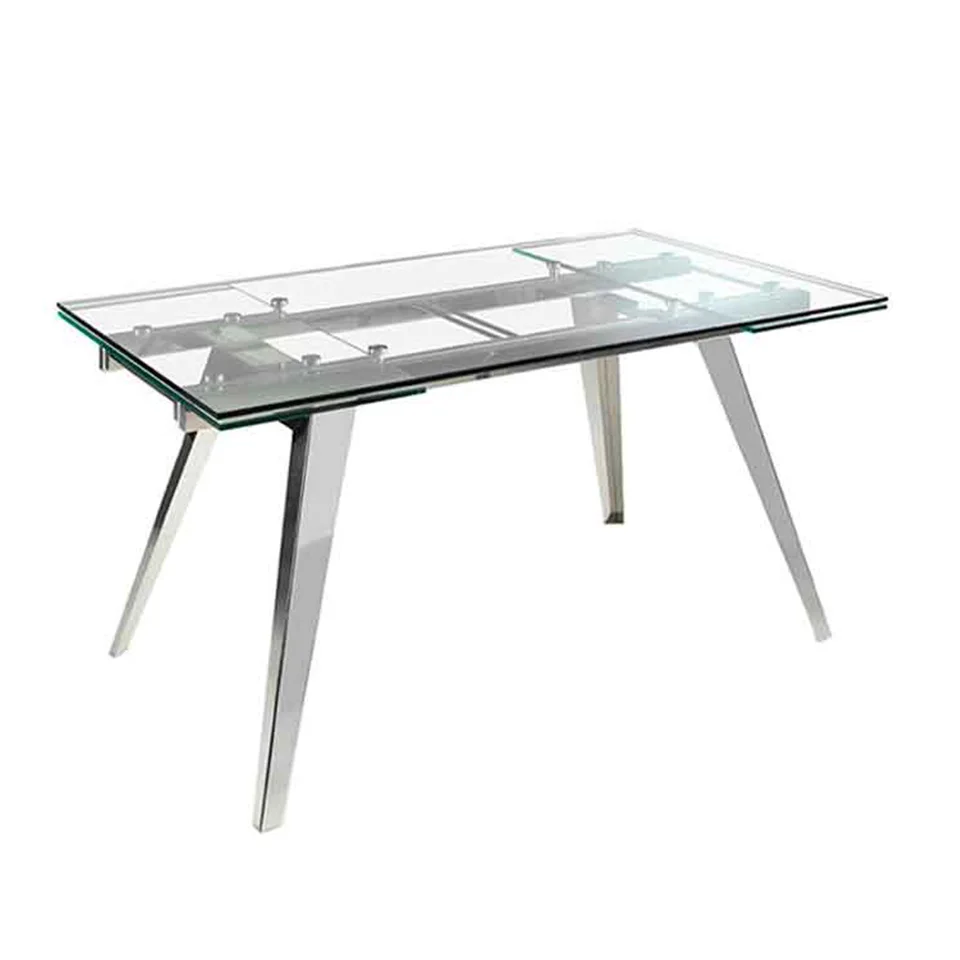 1005 dining table Angel Cerdá-extendable dining table with tempered glass lid and chrome stainless steel legs.