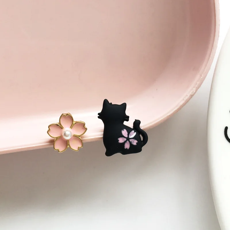 Cute Rabbit Red Heart Asymmetry Stud Earrings For Women Sweet Daisy Flower Animal Earring Girl Birthday Party Wedding Jewelry