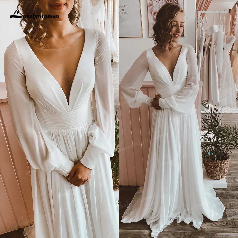 

Minimalist Chiffon Wedding Dresses with Puff Long Sleeves 2022 Boho Wedding Gown V-neck vestido de noiva simples bege