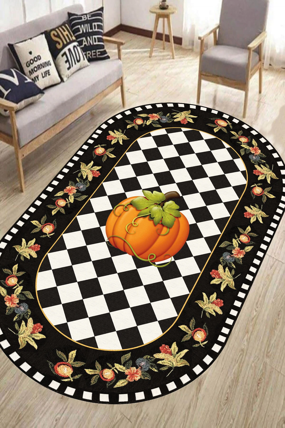 Ellipse Salon Rug Decorative Leather Carpet With Classic Pattern Pumpkin Decorative Non-Slip Base Easy To Clean Thai Feather Fabric Washable