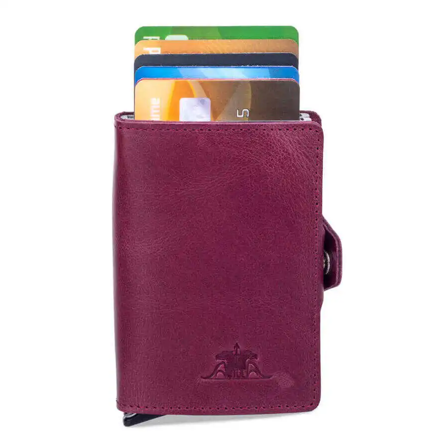 Vintage Crazy Leather Automatic Pop-Up Card Holder Burgundy with Two Mechanisms Purse Casual Good Quality Luxury New Stlaylısh