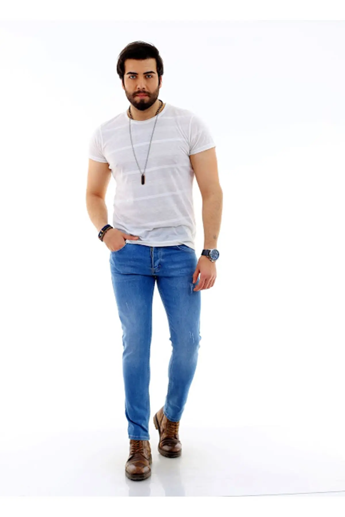 Men's Slim Lycra Blue Jeans 2021 New Season Clothing High Waist Skinny Leg Jeans Four Pockets Full Length Flexible Casual daily