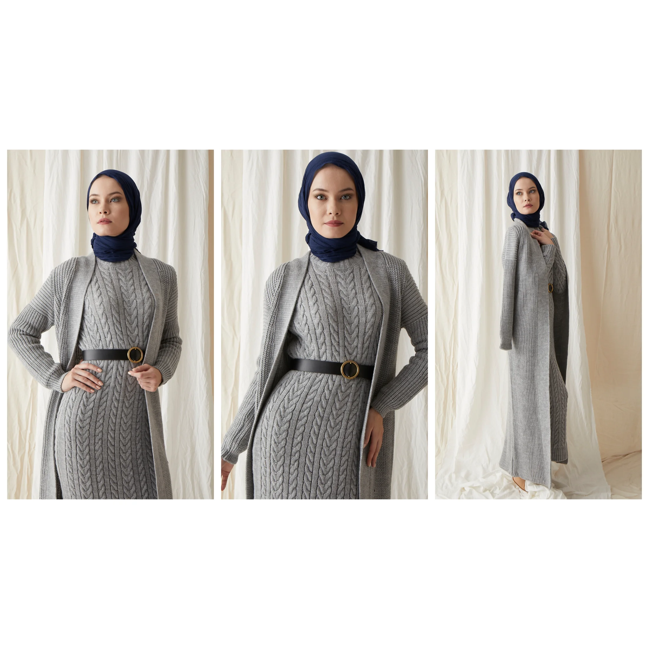 2 Piece Women\'s Knitted Maxi Set For Winter Half Turtleneck Long Sleeve Knitwear Dress and Cardigan Muslim Fashion Hijab