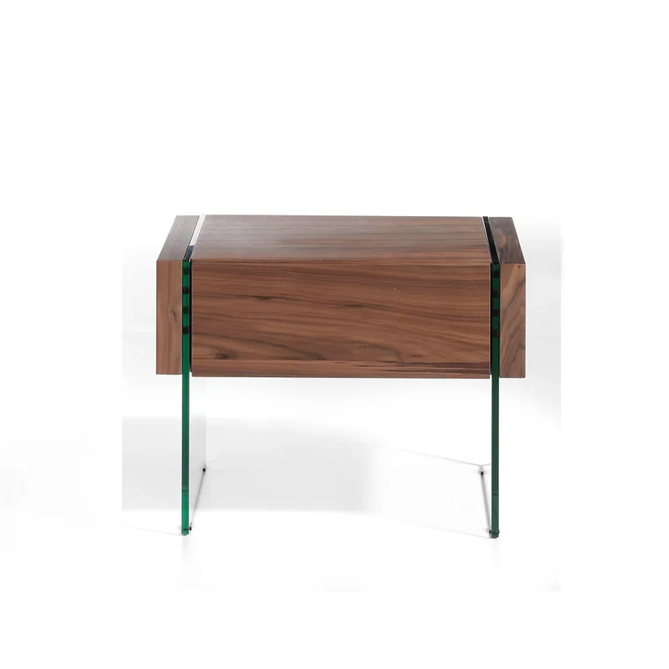 Night table 7042 Angel Cerdá-night table in walnut-plated wood with drawer and tempered glass sides.