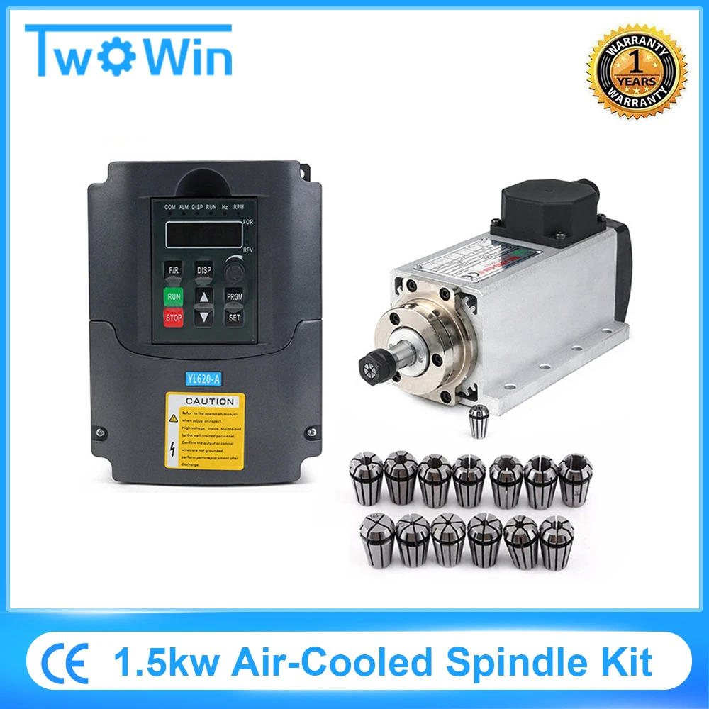 Nowy zestaw wrzeciona chłodzonego powietrzem CNC 1.5kw 220V/110V 1500W kwadratowy chłodzony powietrzem silnik wrzeciona + 1.5KW falownik VFD + 13 sztuk/zestaw ER11