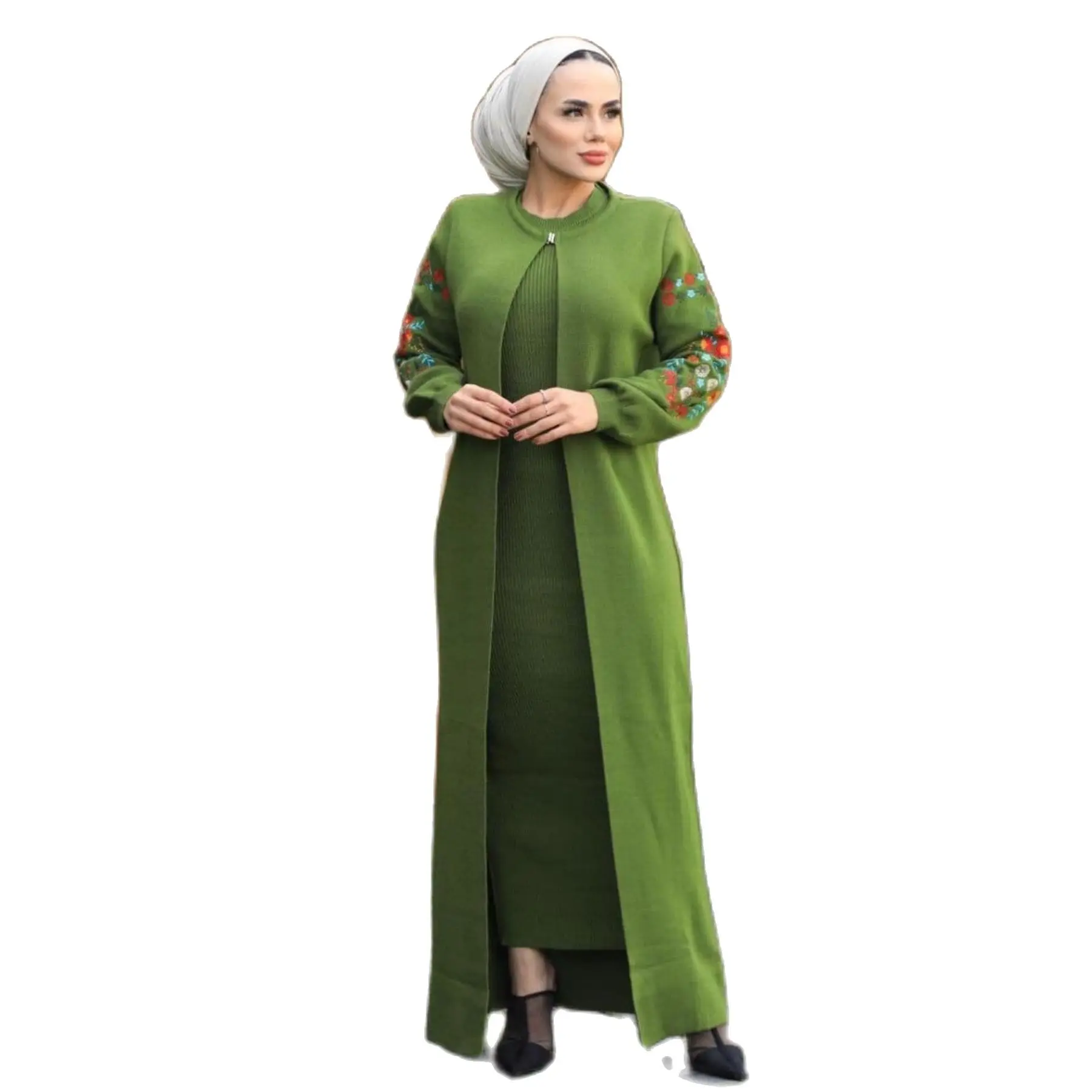 2 Potong Wanita Set Bordir Bermotif Pakaian Rajut Maxi O-Neck Pola Bunga Lengan Gaun dan Maxi Cardigan Lengan Panjang Turki