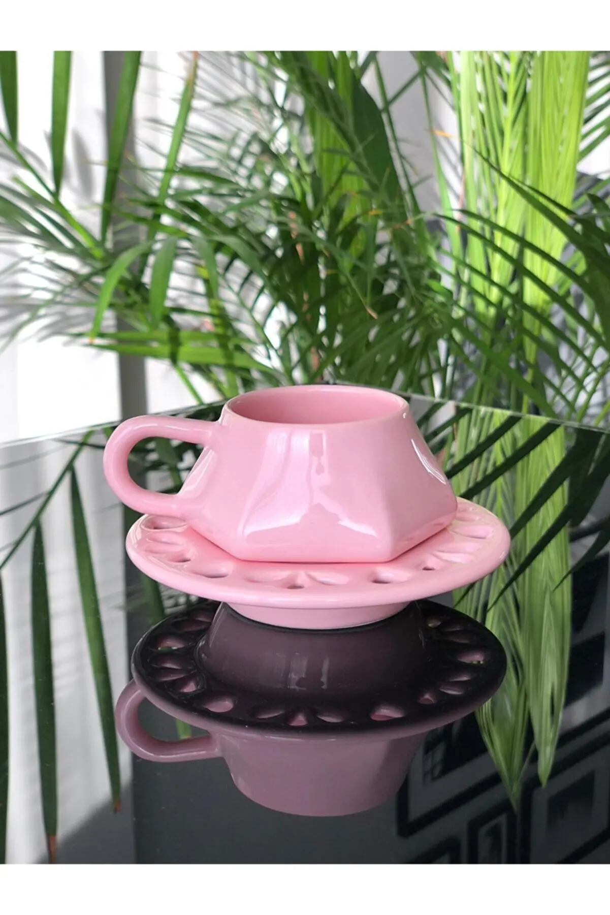 

Pink Color Coffee Cup Set 2 Pcs Mixed Quality Stylish Ceramic Cup and Saucer Turkish Coffee Espresso 100cc Made in Turkey