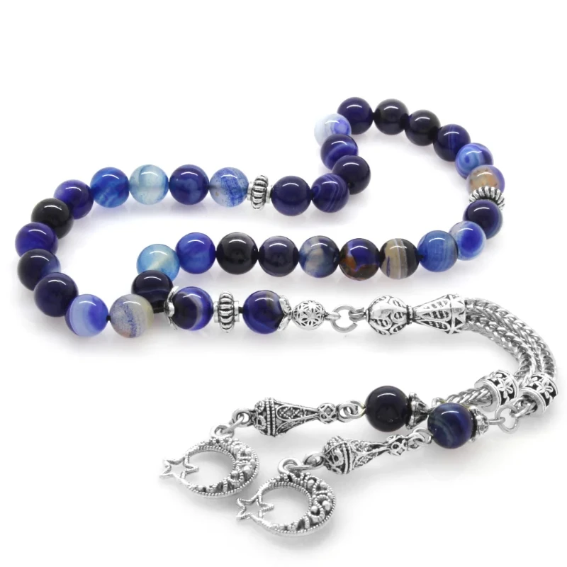 

Tarnish male Metal the Moon the stars Tassels Sphere Cut Blue-White Agate Natural Stone Rosary 2022 Summer Winter Gift Items Free Shipping