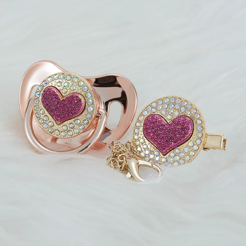 MIYOCAR luxurious bling 3D pink heart pacifier and pacifier clip BPA free  New Born gift Photography no for daily use