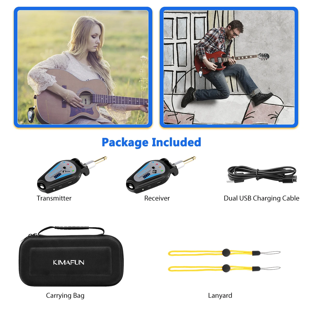 KIMAFUN 2.4G Wireless Microphone System Built-in Rechargeable Lithium Battery Sounds Pickup for Electric Bass/Guitar/Violin/Drum