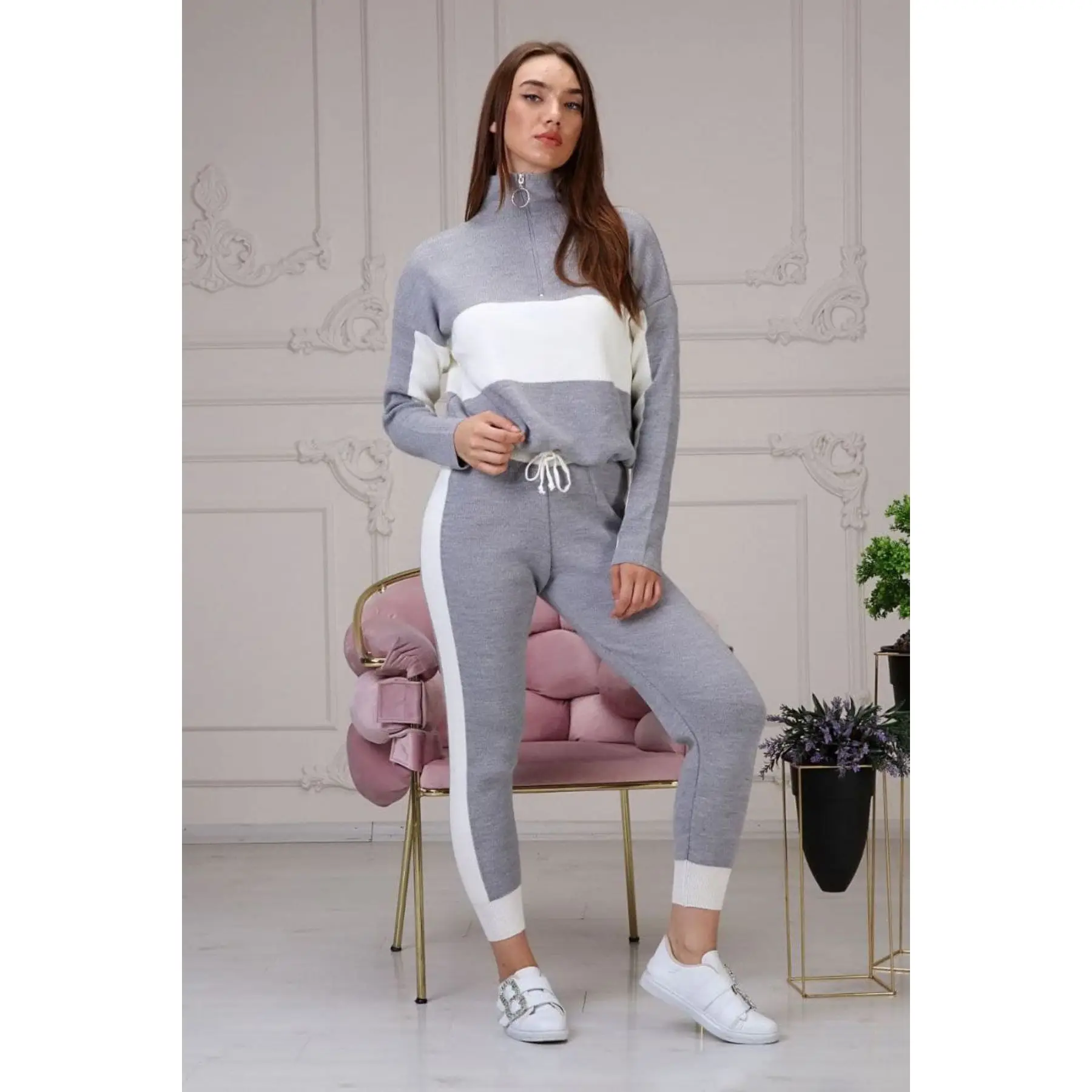 2 Piece Women's Soft Sports Set Stripe Patterned Long Sleeve Sweater and Comfortable Pant Sportive Set Quality Turkey