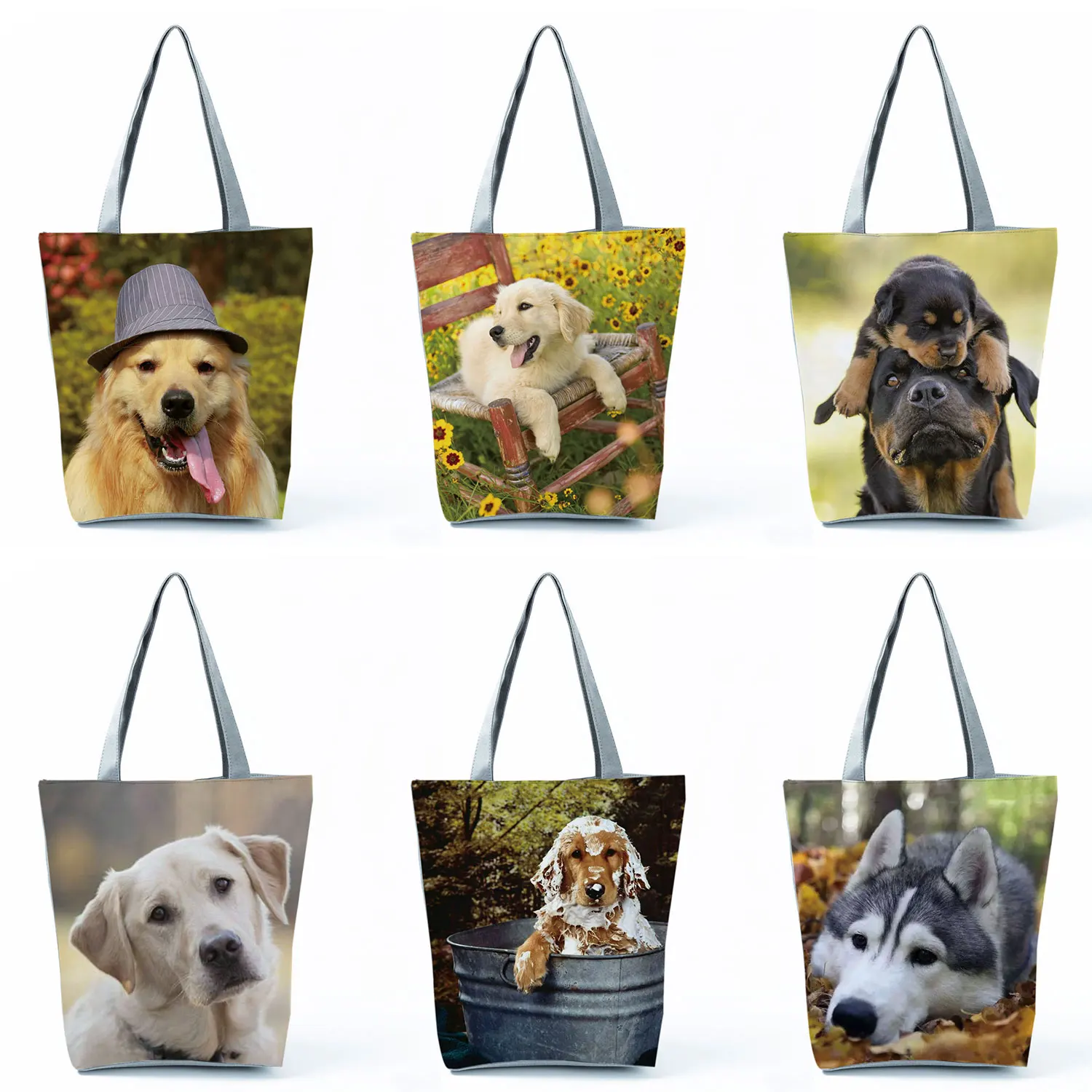 Golden Retriever Printed Reusable Shopping Bags Dog Women Animal Graphic Practical High Capacity Handbags Labrador Tote Bags