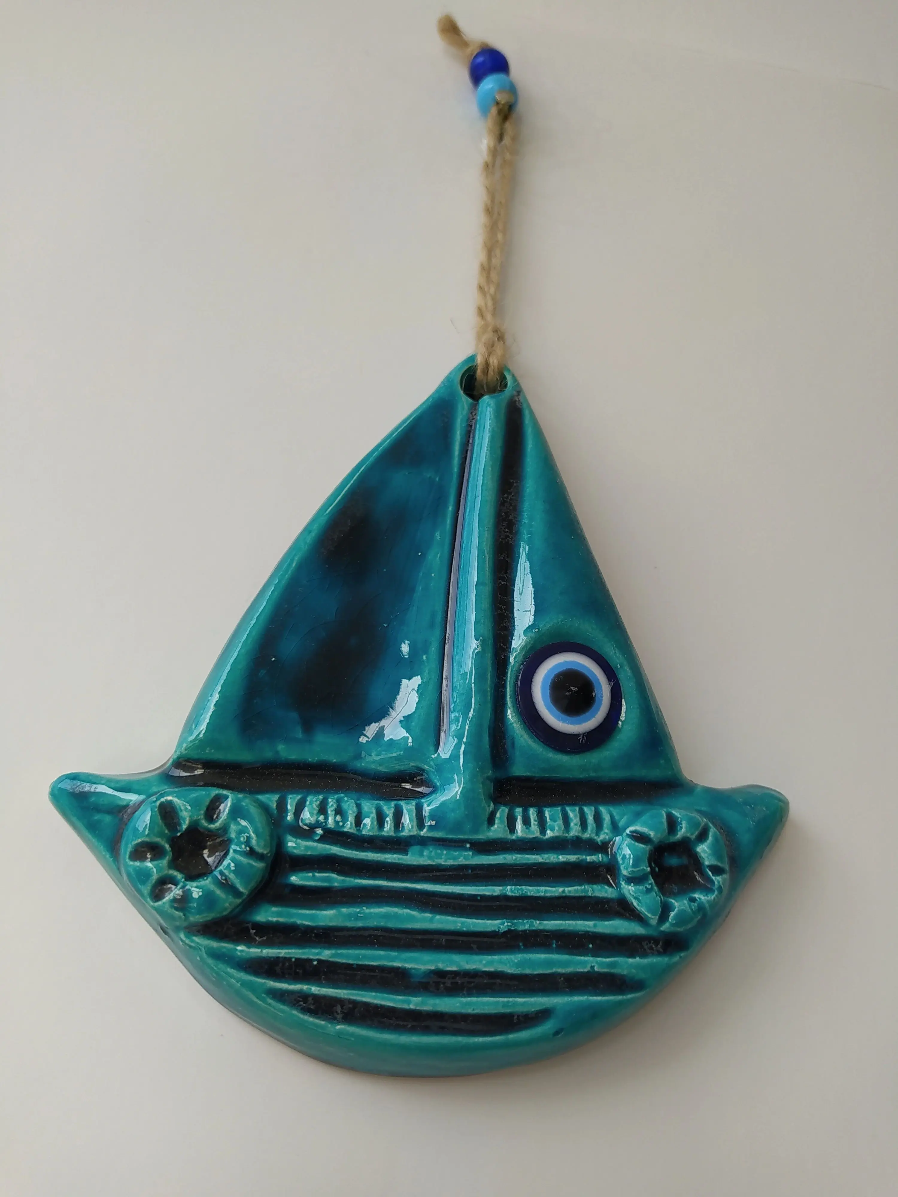 Turquoise Ceramic Sailboat Evil Eye Pendant Turkish Nazar Handmade Amulet for Wall Hanging Talisman Boho Home Decor Protector