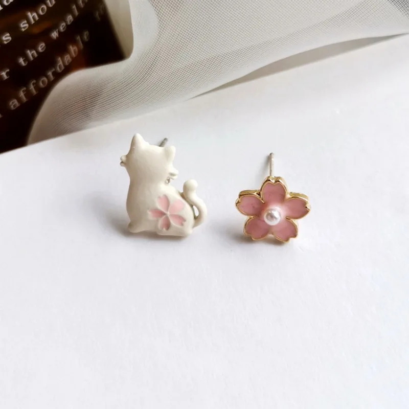 Cute Rabbit Red Heart Asymmetry Stud Earrings For Women Sweet Daisy Flower Animal Earring Birthday Party Wedding Jewelry