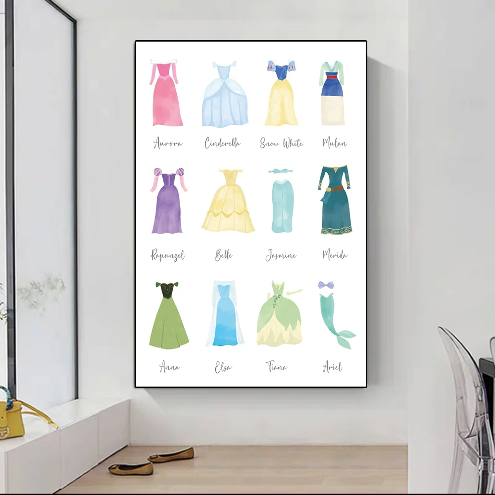 Disney Princess Dresses Abstract Poster Cartoon Snow White Cinderella Canvas Painting Wall Art Living Girl Room Home Decoration