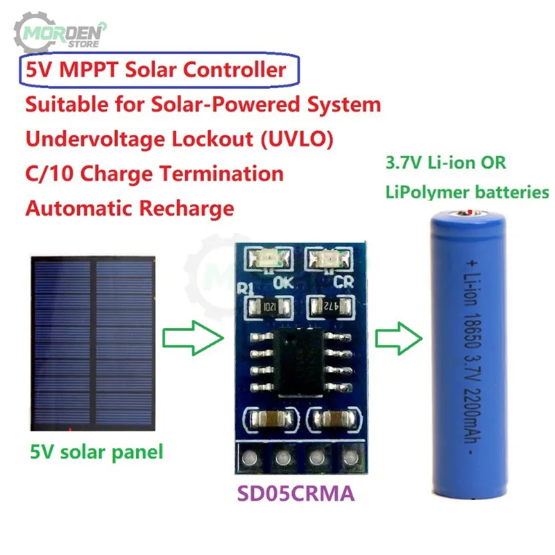 MPPT Solar Charge Controller 1A 4.2V 3.7V 18650 LiPo Li-ion Lithium Battery Charger Module SD05CRMA Solar Panel Battery Charging