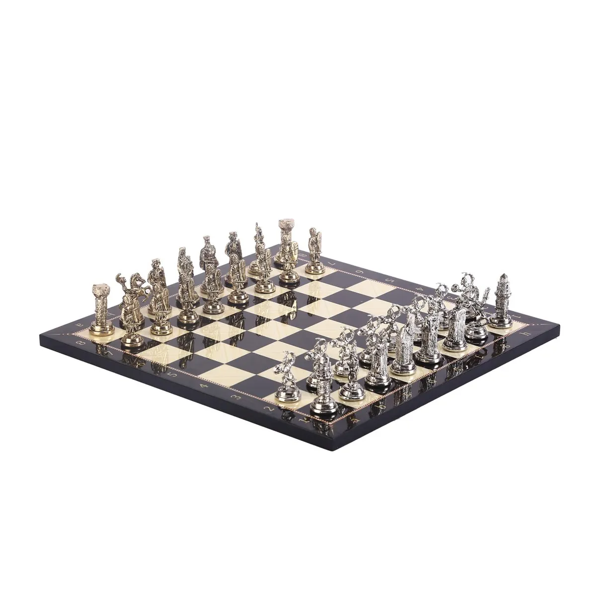 Ottoman vs Byzantine Figures Metal Chess Set, Handmade Pieces and Walnut Patterned Wood Chess Board King 6 cm