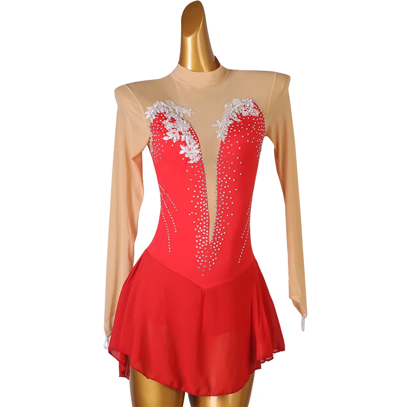 

red Figure Skating Dress Women girl Ice Skating Dress Gymnastics Costume custom crystal rhinestone B129