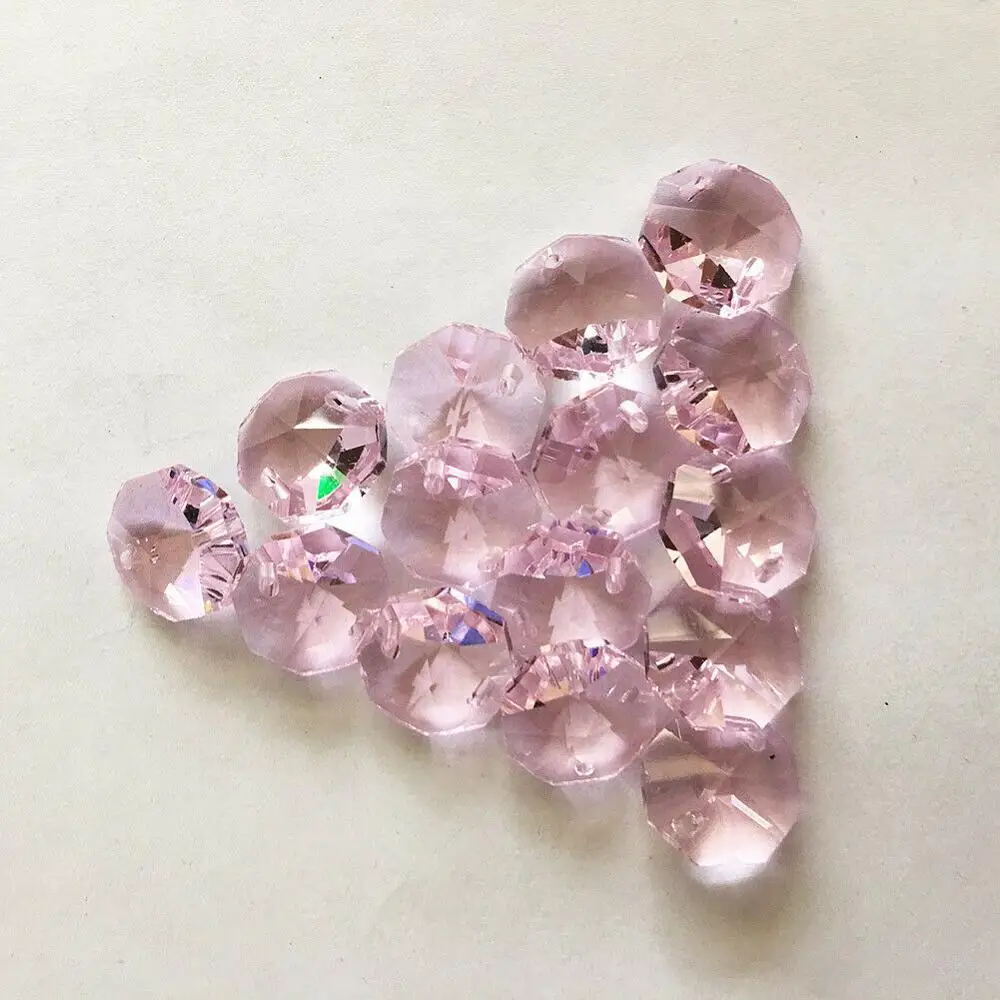 Camal 100Pcs Pink Color 14mm Octagon Crystal Glass Loose Beads 2 Holes Chandelier Chain Garland Prism DIY Part Home Decor