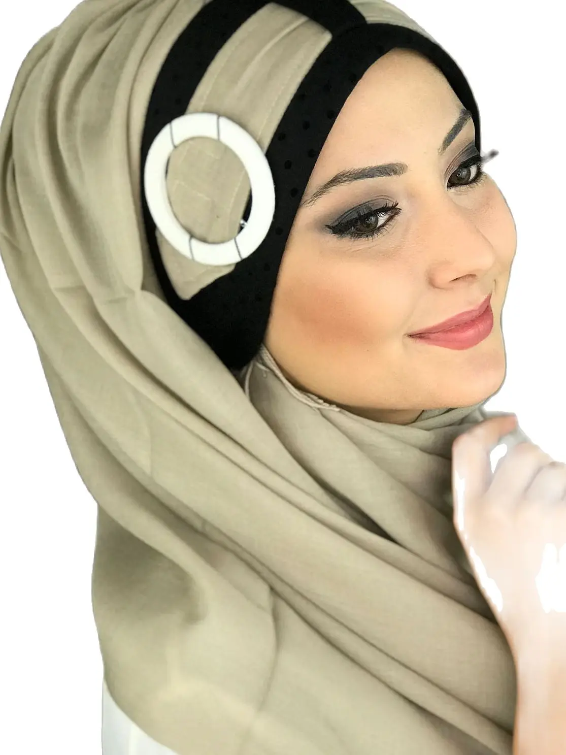 New Fashion 2021 Islamic Headscarf Turban Woman\'s Hat Spring Summer Scarf Bone Beige Color Buckle Belt Ready Shawl