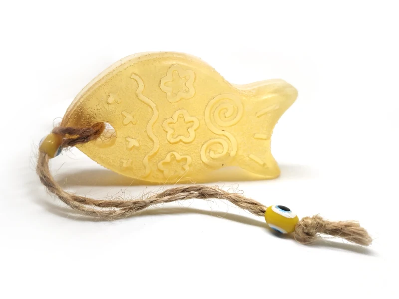 Trasnparent Fish-looking decorative handmade soap gift soap with thread and evil eye bead in yellow color