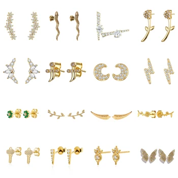 CRMYA Silver Gold Filled Stud Earrings For Women Men CZ Zircon Climbers Cross Key Lock Piercing Ear Rings Jewelry Wholesale