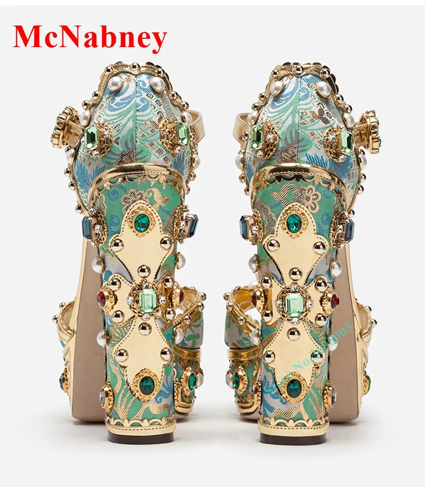 Peep Toe Rhinestone Chunky Heel Sandals Ankle Buckle Straps Platform Crystal Pearl Decor Sandal Women Shoe Summer Party Dress image 4