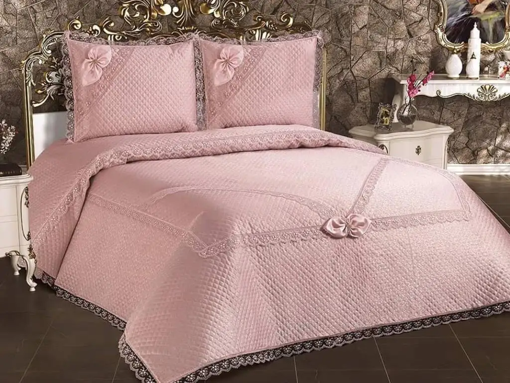 Poppy Quilted French Laced Bedspread Powder-chic DESIGN WITH ELEGANT TOUCHES YOUR GORGEOUS BED COVER  FREE SHİPPİNG