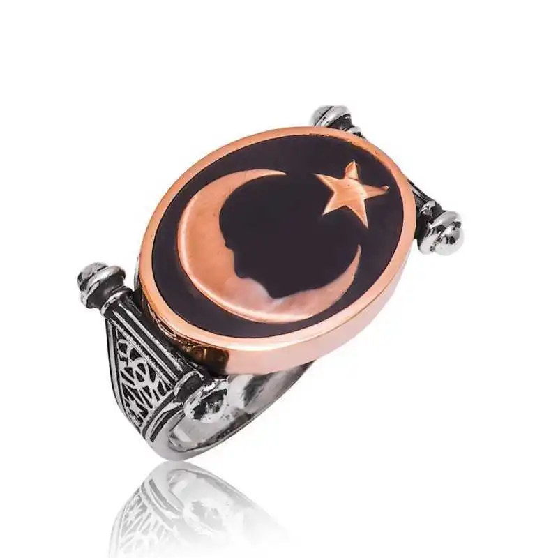 Silver Moon Star Atatürk Silhouette Men's Ring - 925 Sterling Men's Jewelry Wedding Birthday Gift - Box - Man - Fashion - Botiva - Size - Turkish - Patterned Embroidered