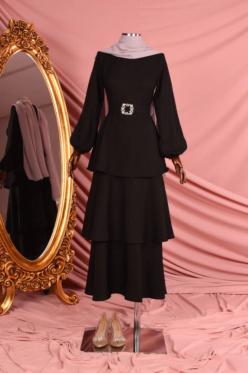 Muslim Layered Gathered Detailed Dress Muslim Sets Woman Long Dress Hijab Abayas Women Islamic European Clothing Robe