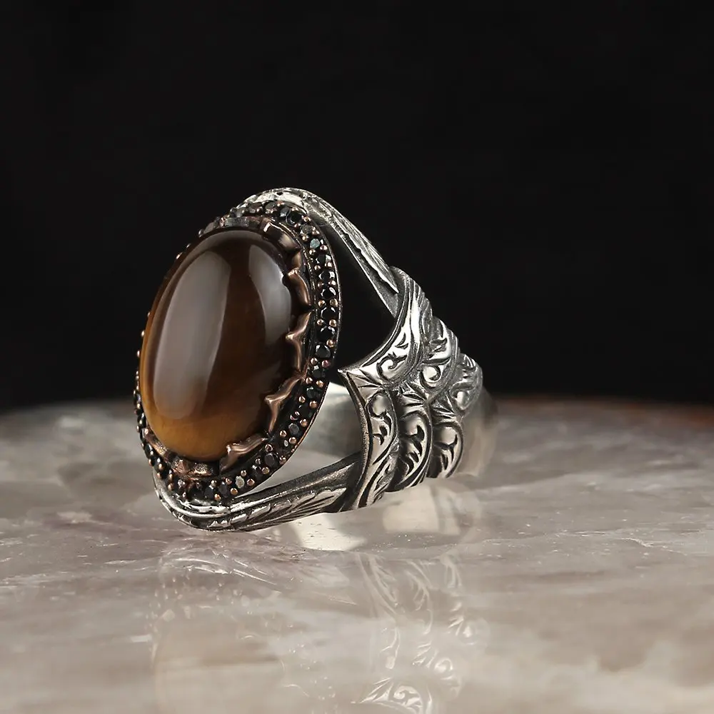 

Tiger's Eye Gemstone Pen İşçilikli 925 Sterling Silver Men 'S Ring