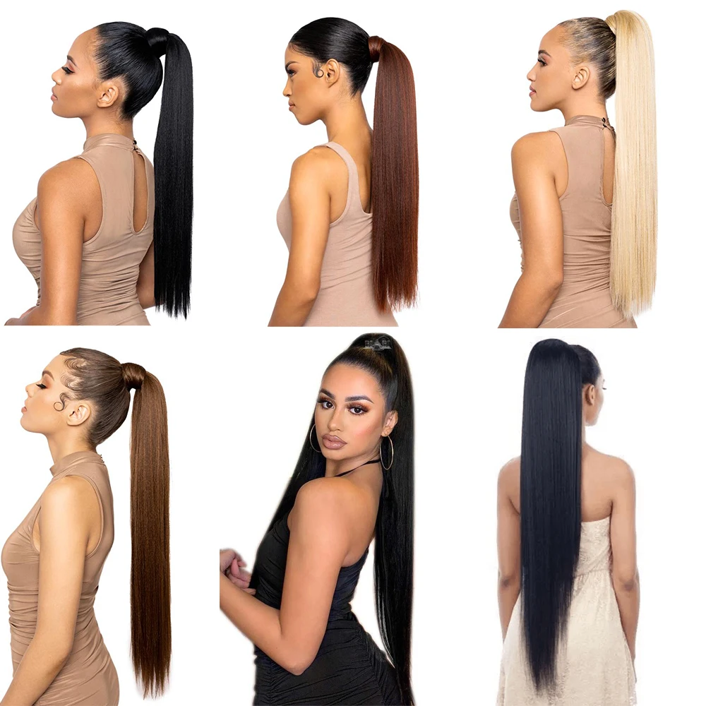 Synthetic Hair 22\'\'32In Long Straight Ponytail Fake Hair Tail Wrap Around Ponytail Clip in Hair Extensions Natural Hairpiece