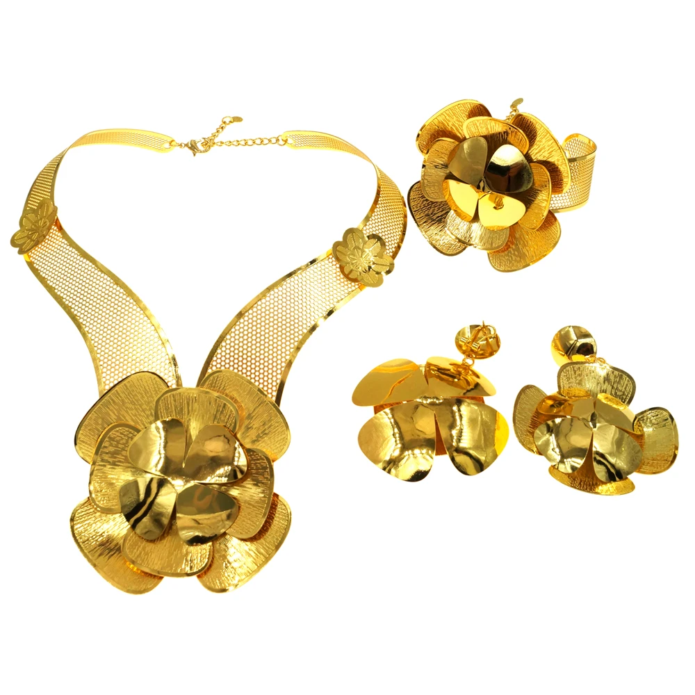 Latest 24K Colour Dubai Gold Plated Jewelry Set Ladies Flower Glossy Necklace Earrings Bracelet Wedding Accessories NH00031