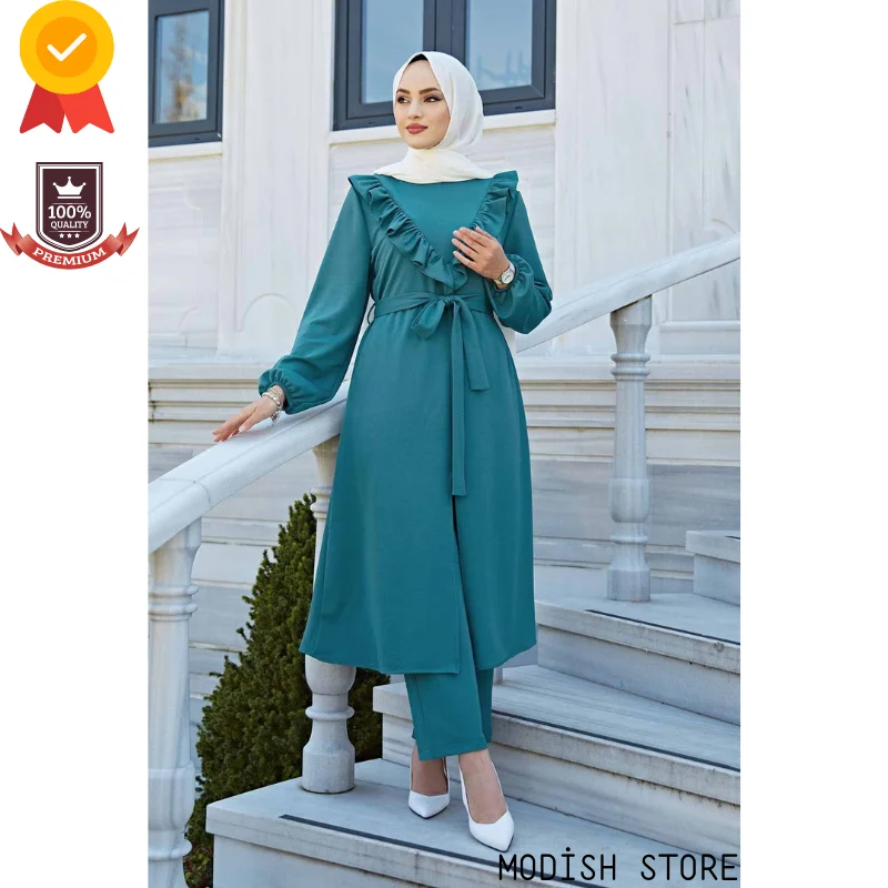 Stagionale Tunica Pantaloni Doppio Musulmano Donna Set | NUOVO | STAGIONE | Donne Musulmane Abbigliamento Caftano Dubai Abaya Ragazza Ramadan Islam