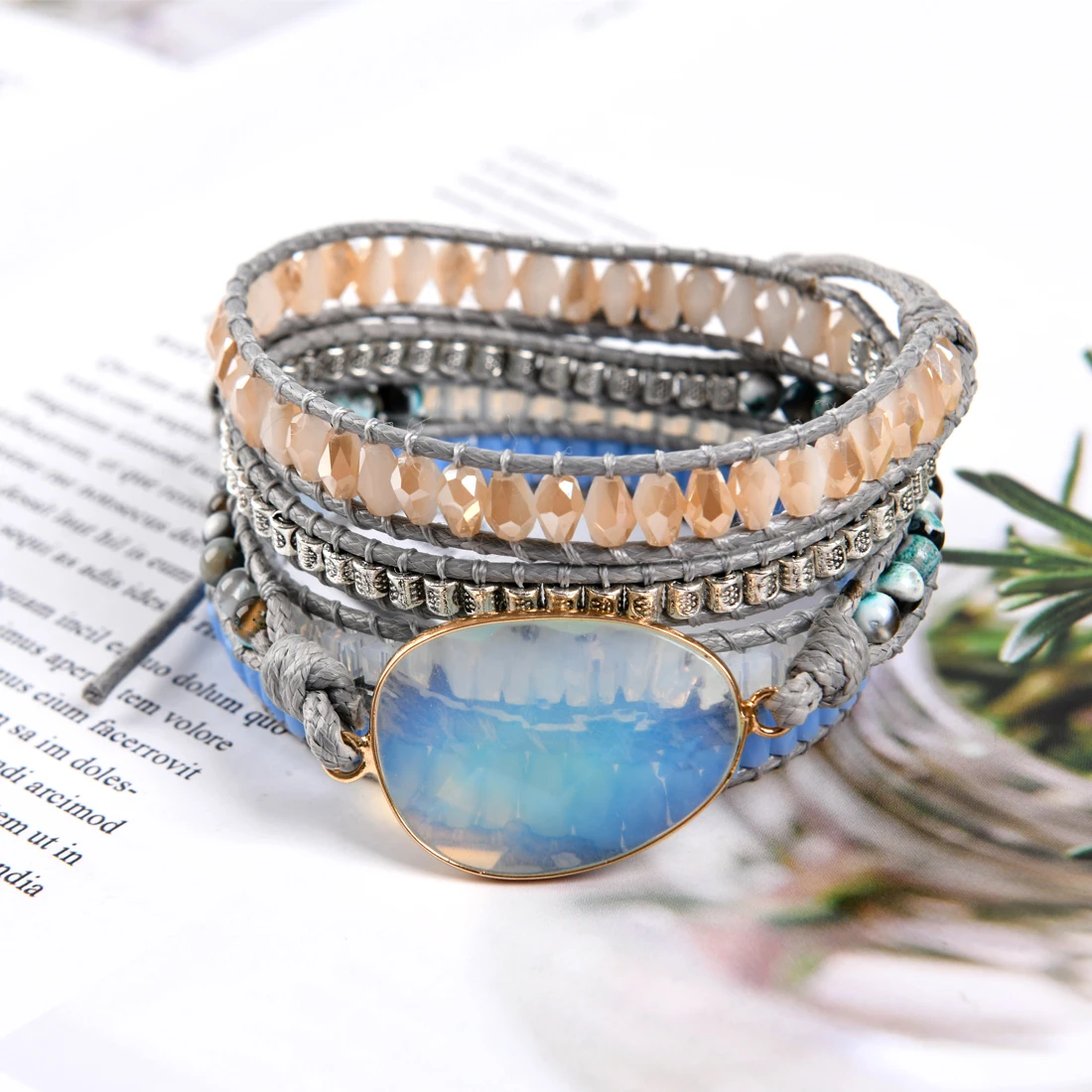 Handmade Multi  Wrap Bracelet Vintage Opal Natural Stone Weaving Cuff Bangles Bracelets Bohemian Jewelry