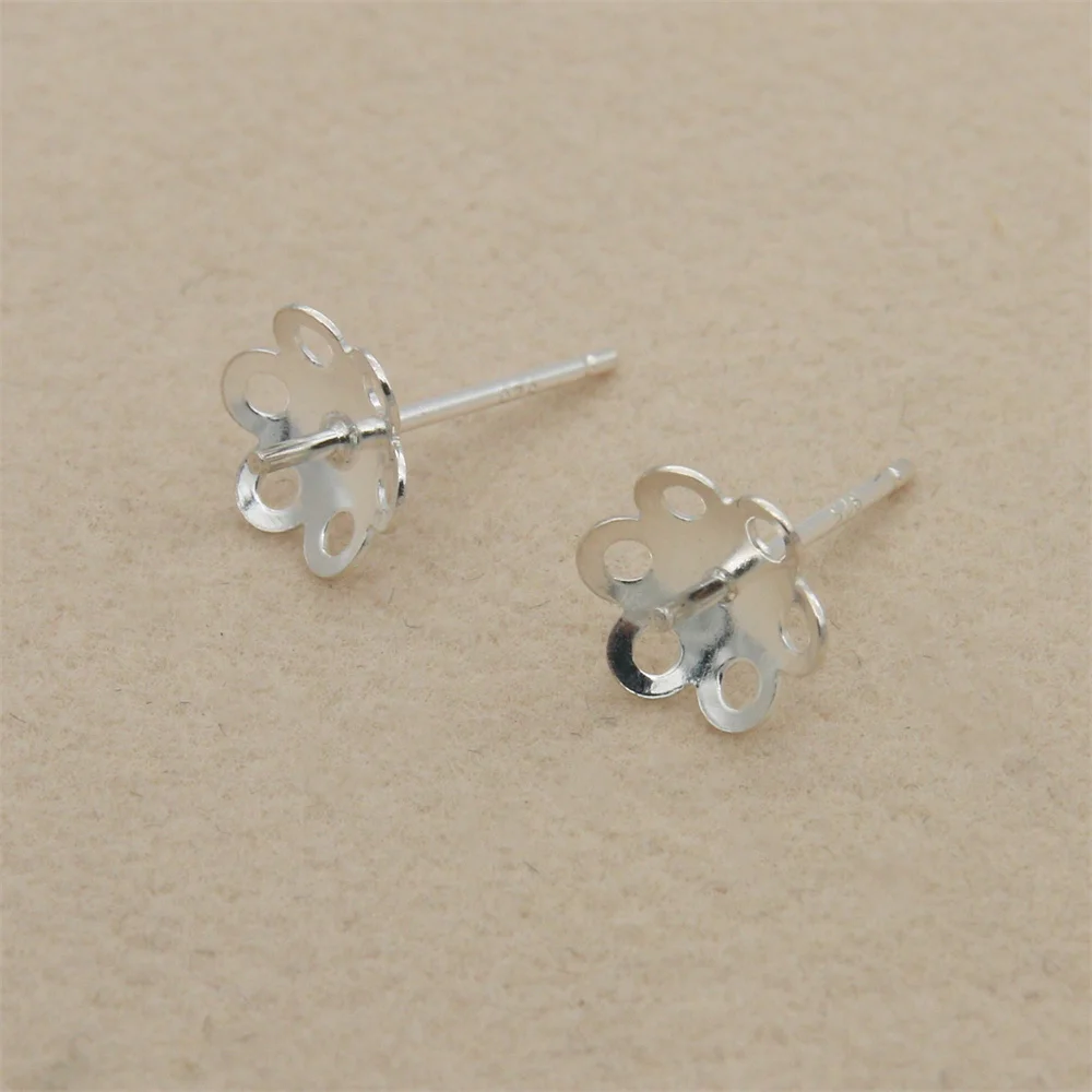 2pcs 925 Sterling Silver Flower Blank Ear Stud Earring Settings Findings  8x15mm /5x13mm For Half Drilled Beads Simple Style