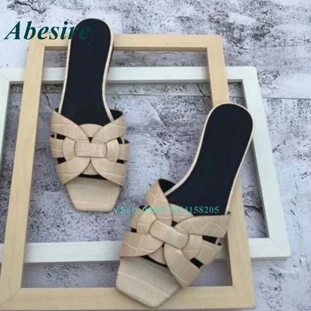 Luxury Summer Women Slippers 2022 Open Toe Leather Cross Strap Slippers Flat with Outside Gray Black Ladies Shoes Patent Leather