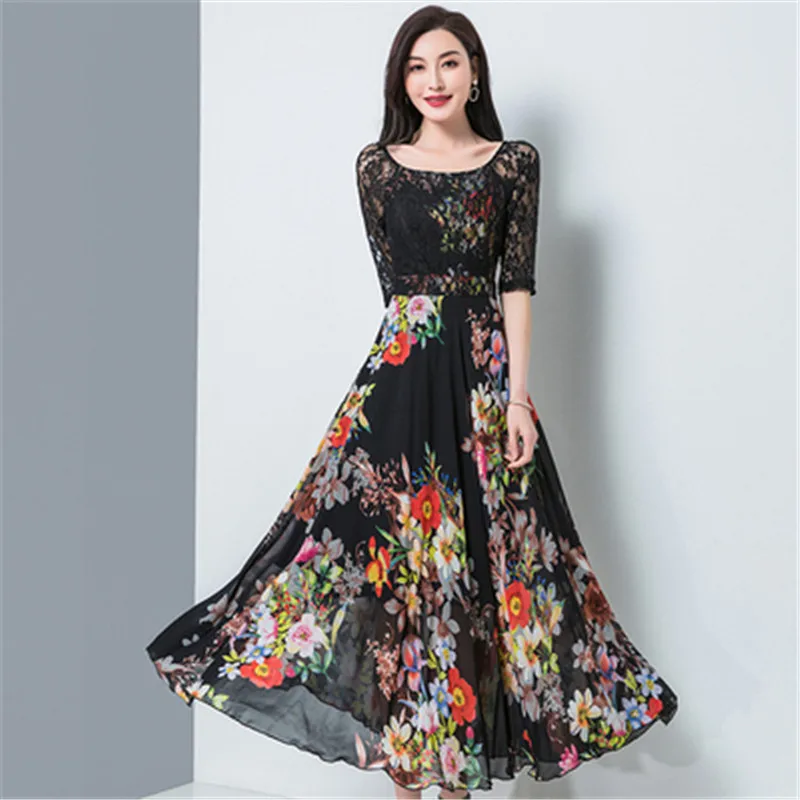 2020 Korean summer new sexy fashion O-neck short-sleeved chiffon printing splicing Slim was thin and big beach lace dress