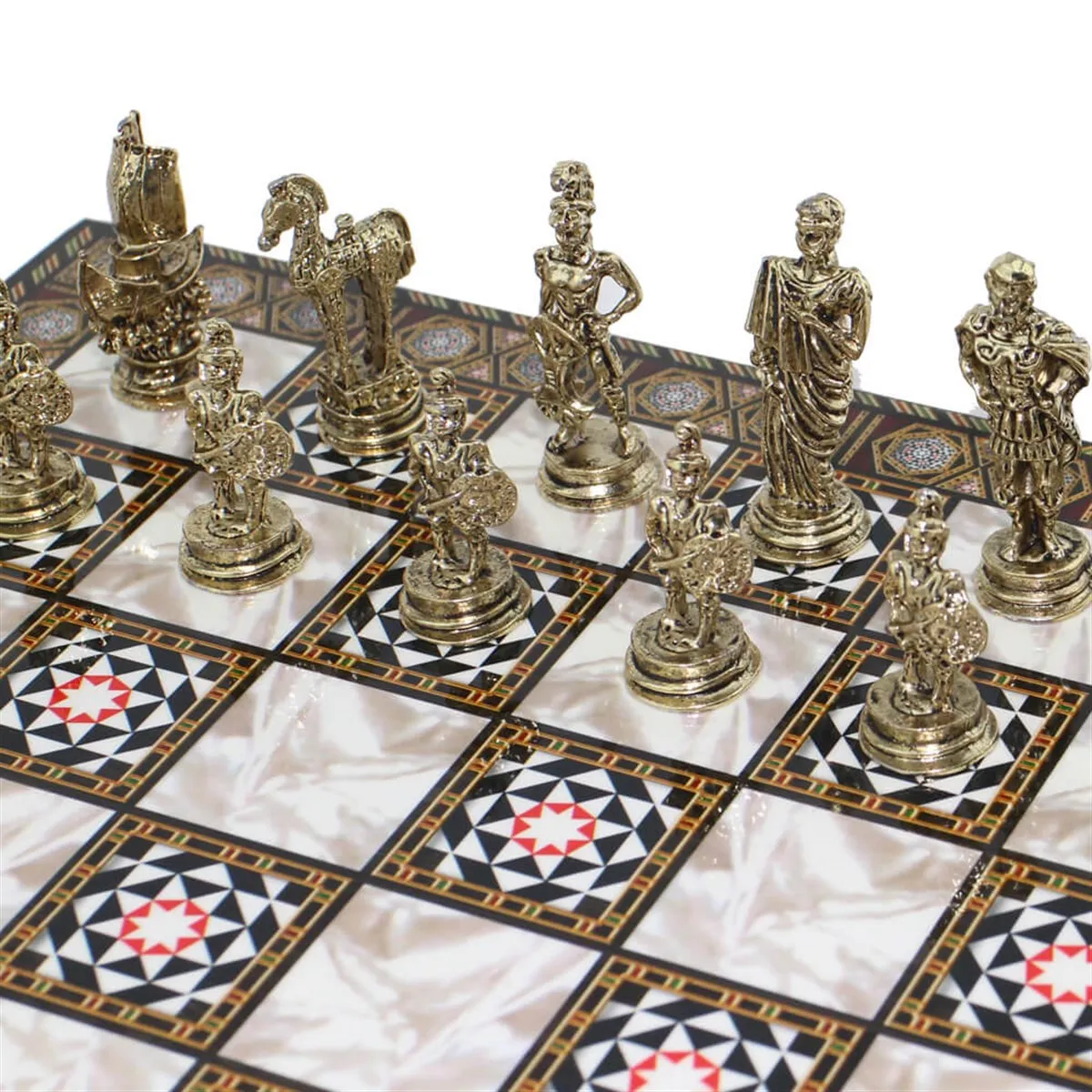 Historical Troy Figures Metal Chess Set for Adults, handmade Pieces and Mosaic Design Wooden Chess Board Small Size King 5cm