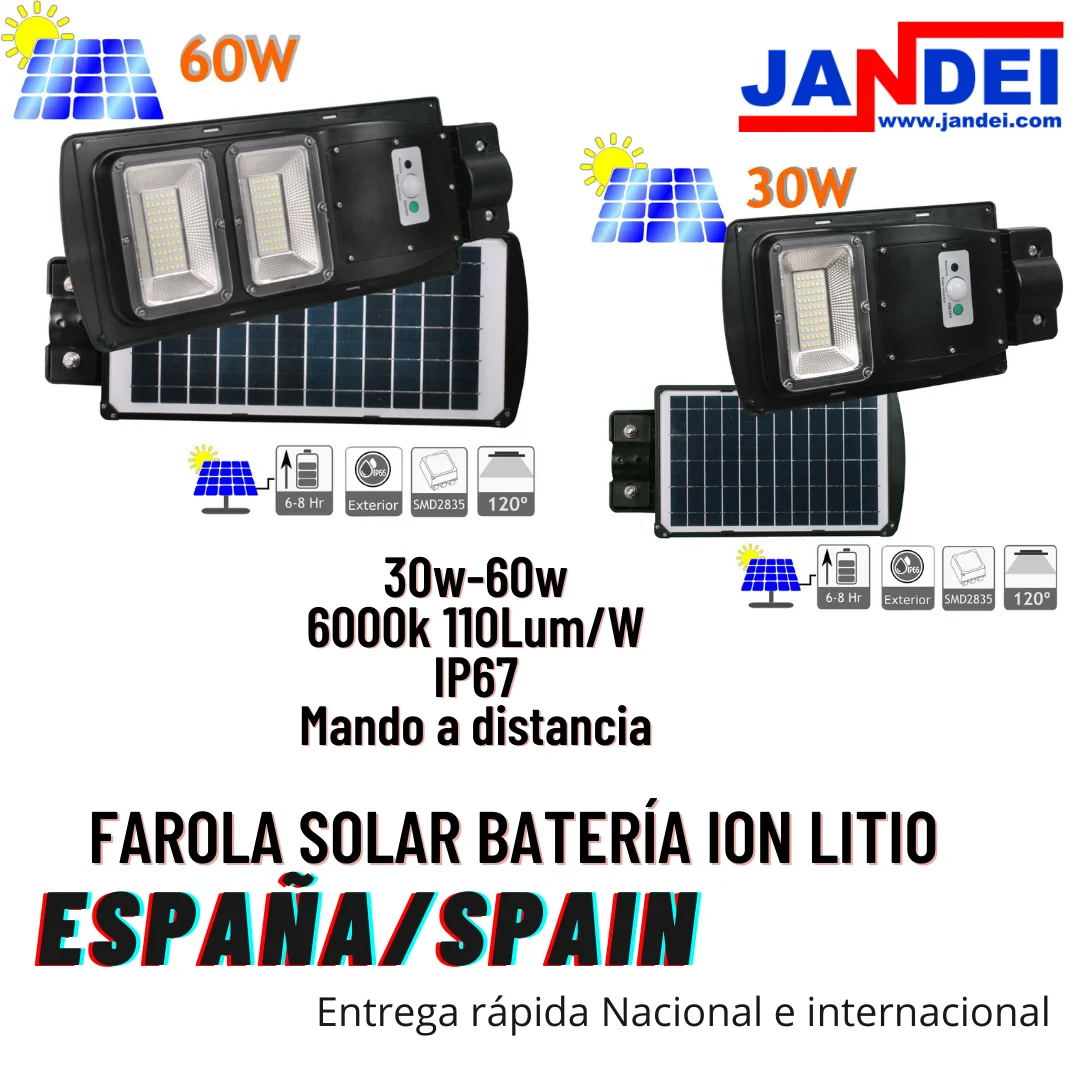 Jandei IP65 Outdoor Solar Street Light 30W/60W LED 6500K LED 120 Lithium-Ion Battery Remote Control Outdoor solar spotlight, led lighting, patio led light, garden, facades. 3 years warranty fast shipping!