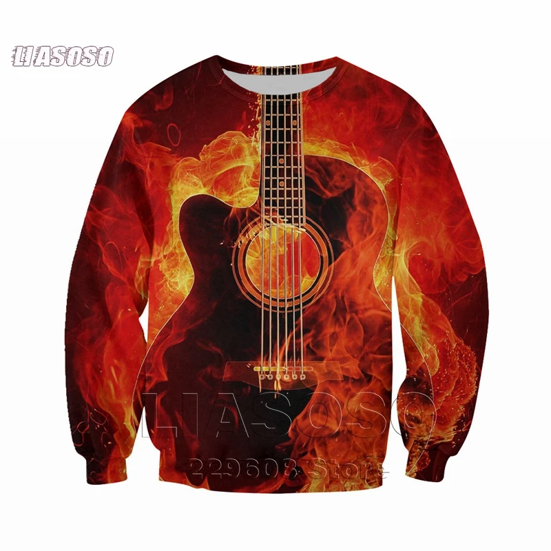 LIASOSO New Fashion All Over Printed Burning Guitar pattern Sweatshirt Men Women Zip Hoodie Crewneck Pullover