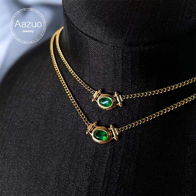 Aazuo 18K Yellow Gold Natural Emerald Real Diamonds Lovely Square Choker 41CM Necklace Gifted For Women  Engagement Party Au750