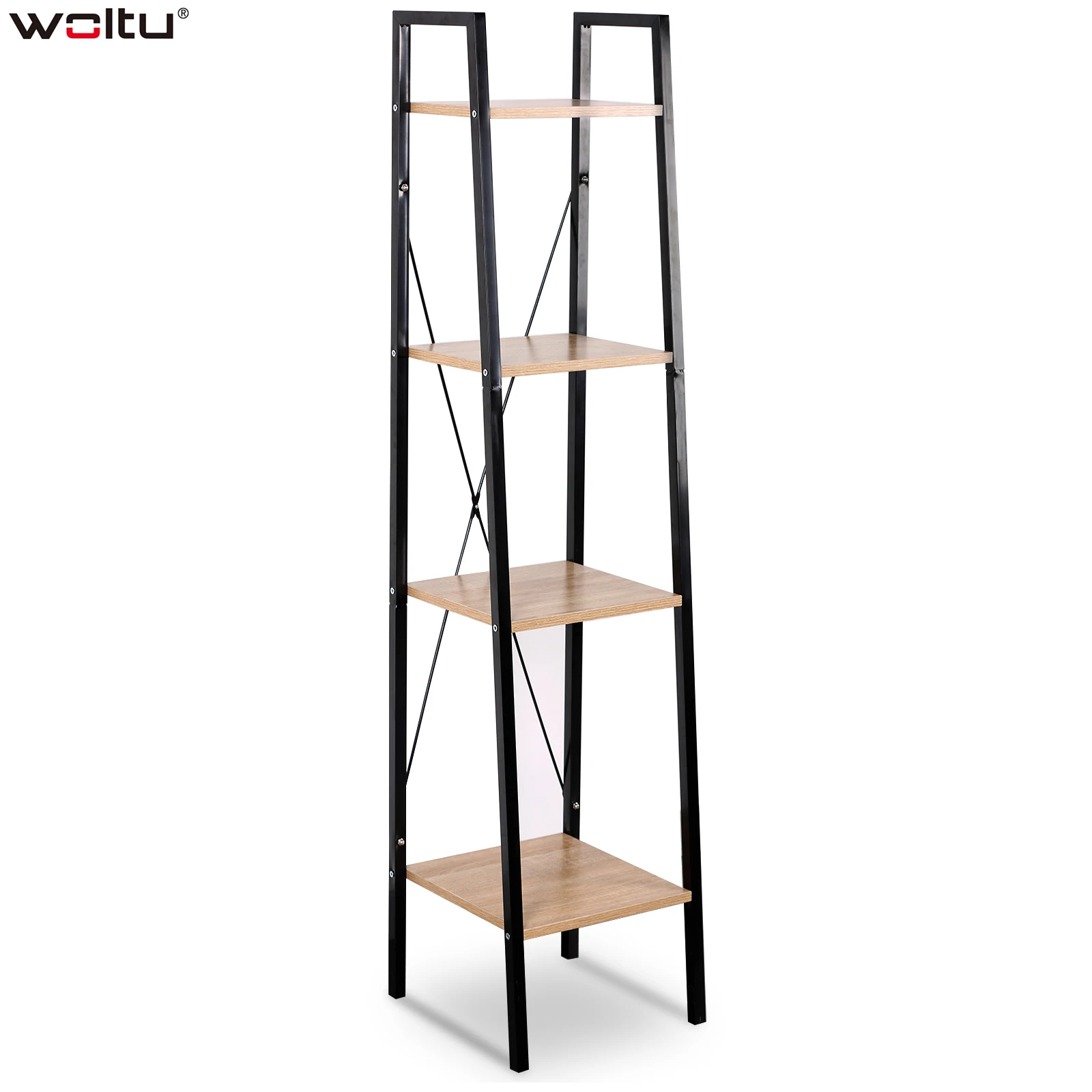 4 Shelf Heavy Duty Shelving Unit Wood Bookcase Metal Frame Industrial Garage File Rack Organizer for Living Room Bedroom