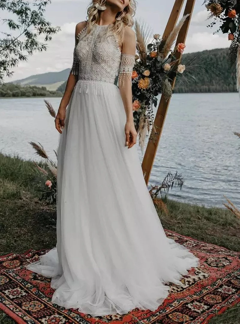 Bohemian Vintage Halter Hochzeit Kleid Spitze Tüll Backless Boho Lange Brautkleider mit Quasten Strand Nach Maß Robe De Mariee