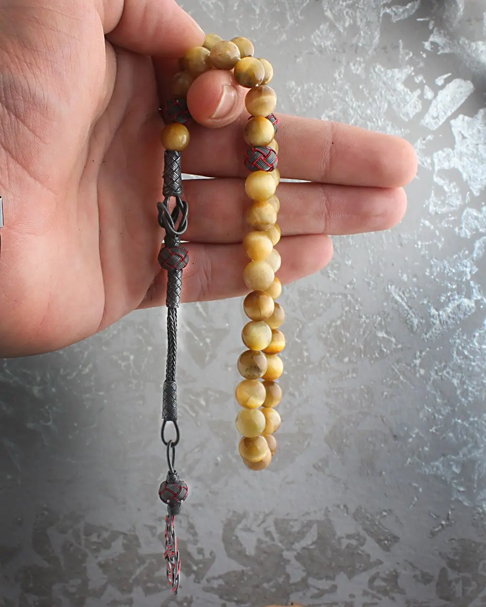 

Islamic Tesbih Oval Shape Natural Tiger Stone Prayer Beads Tasbeh Handwork 1000 Sterling Silver Tassel